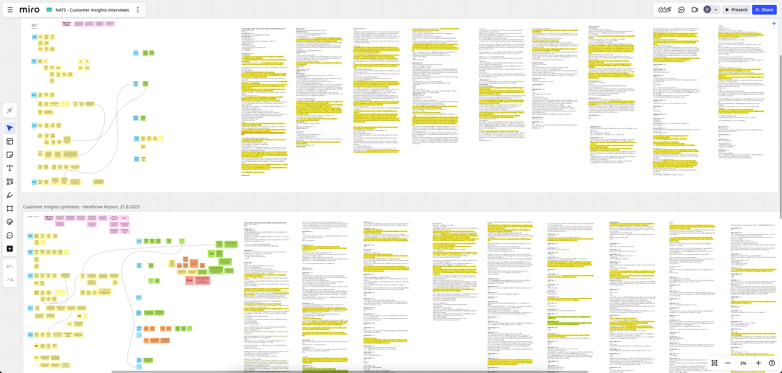 A Miro board showing 2 synthesised interview sessions and transcripts